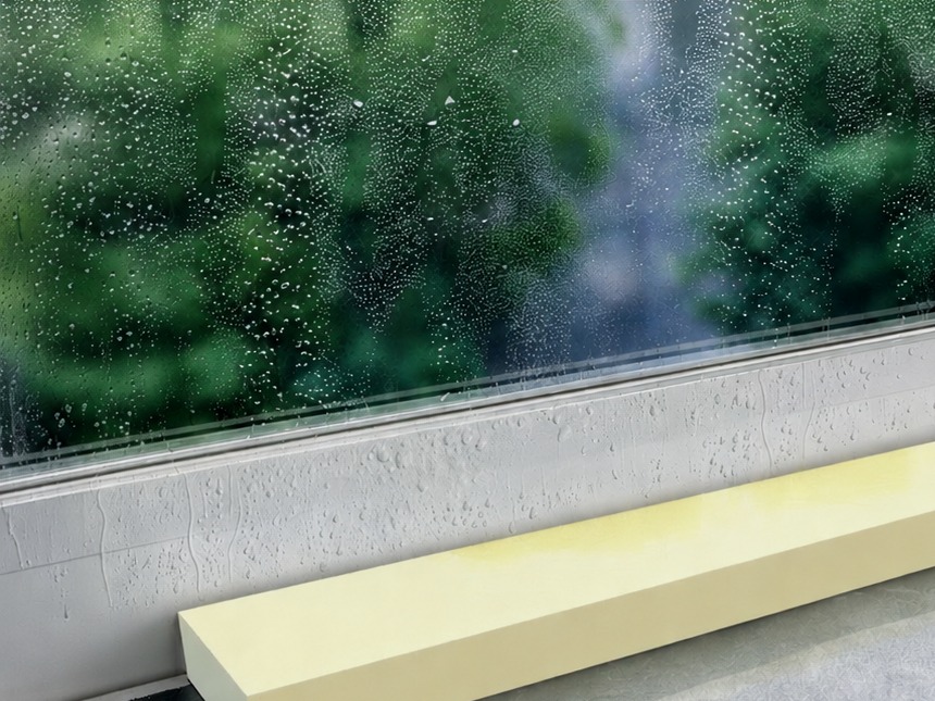 Rain streaming down a window, with a StormSponge foam bar sitting dry on the sill below