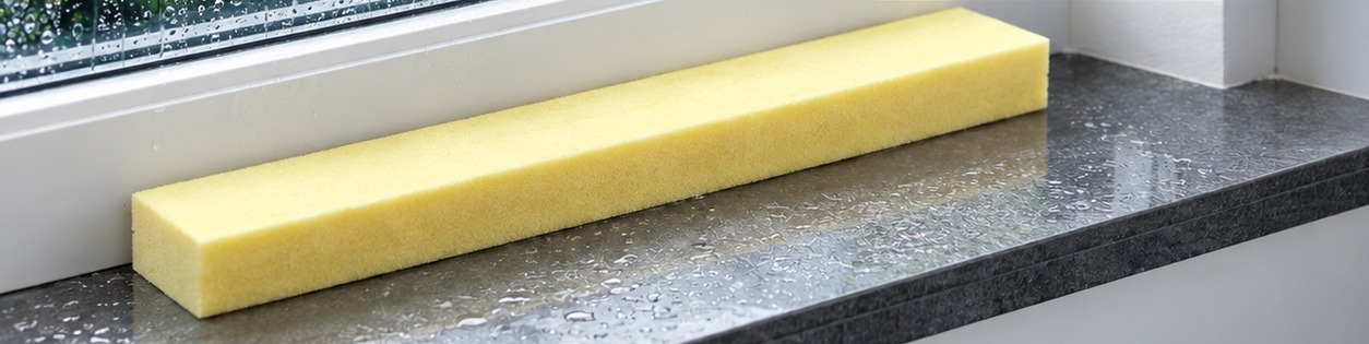 Close-up of the StormSponge foam bar sitting on a wet windowsill
